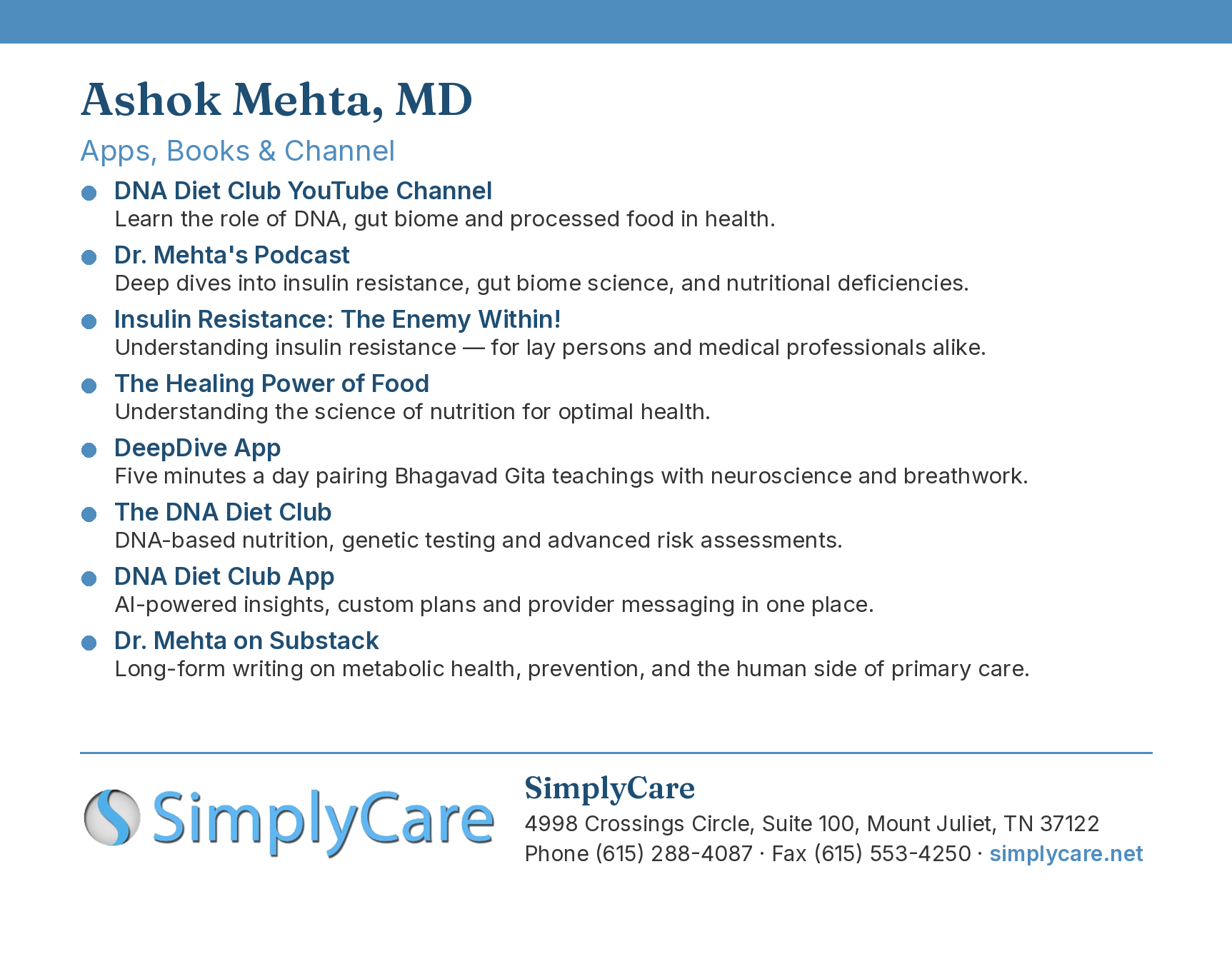 Back of the postcard listing Dr. Ashok Mehta's 8 resources with short descriptions and SimplyCare contact information